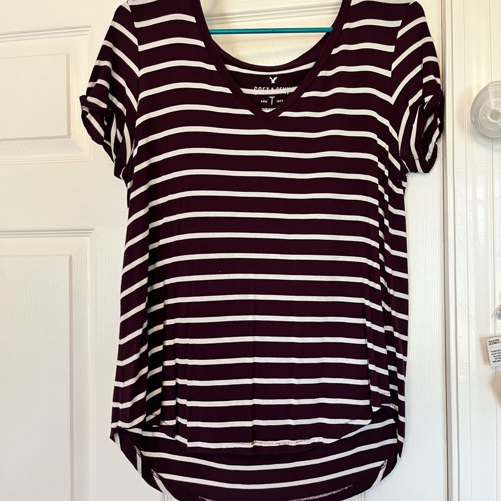 American Eagle Outfitters Maroon and White Striped V-Neck Tee